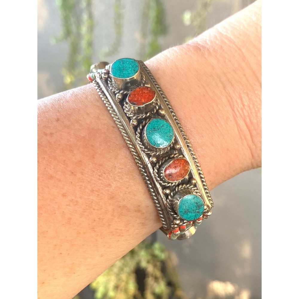 Silver Afghani Turquoise Carnelian Beaded Clasp Bracelet